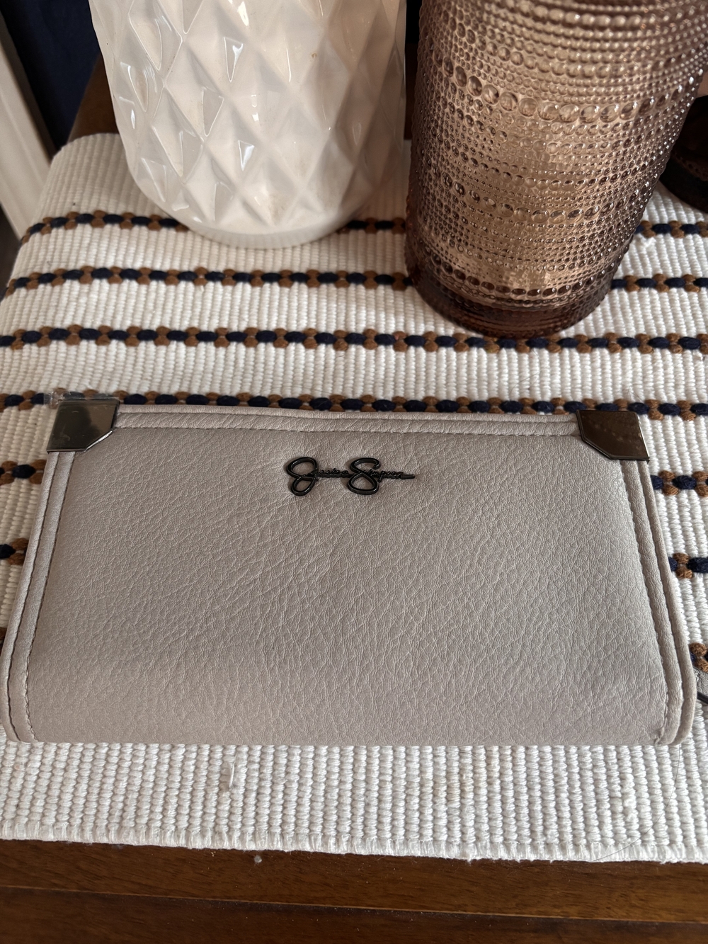 Jessica Simpson Light Gray Leather Wallet with Metal Corner Accents